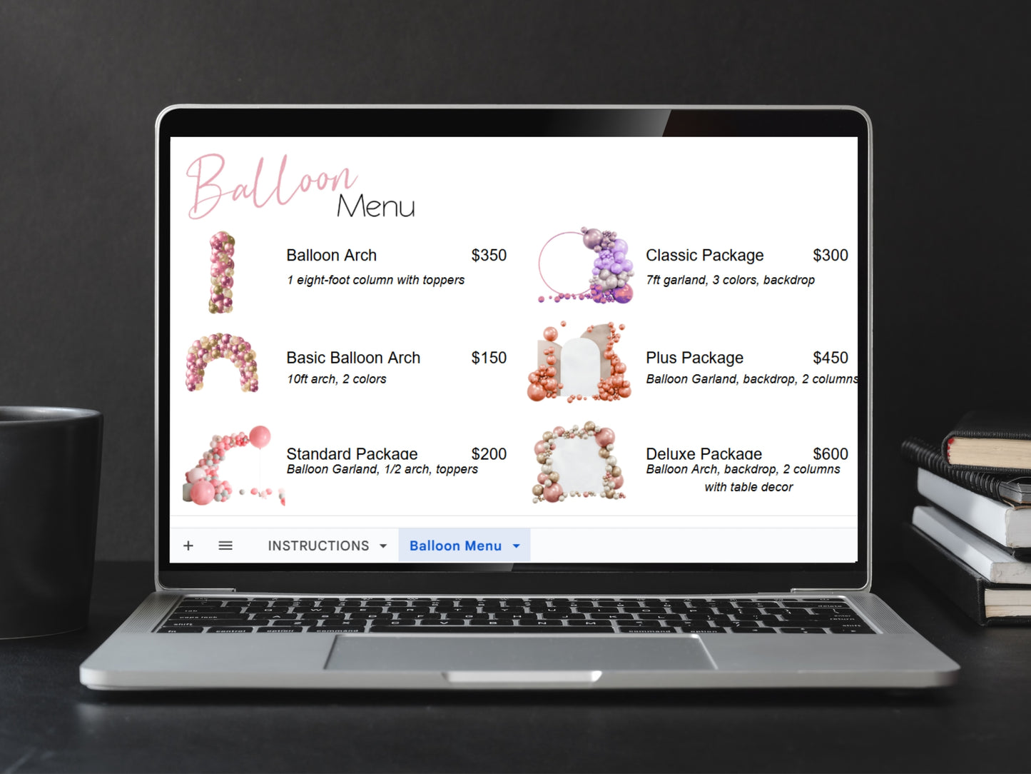 Balloon Menu Template - Google Sheets and Excel Spreadsheet