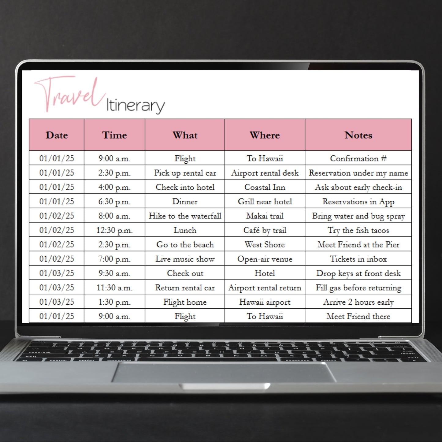Travel Itinerary Template Google Sheets and Excel Spreadsheet