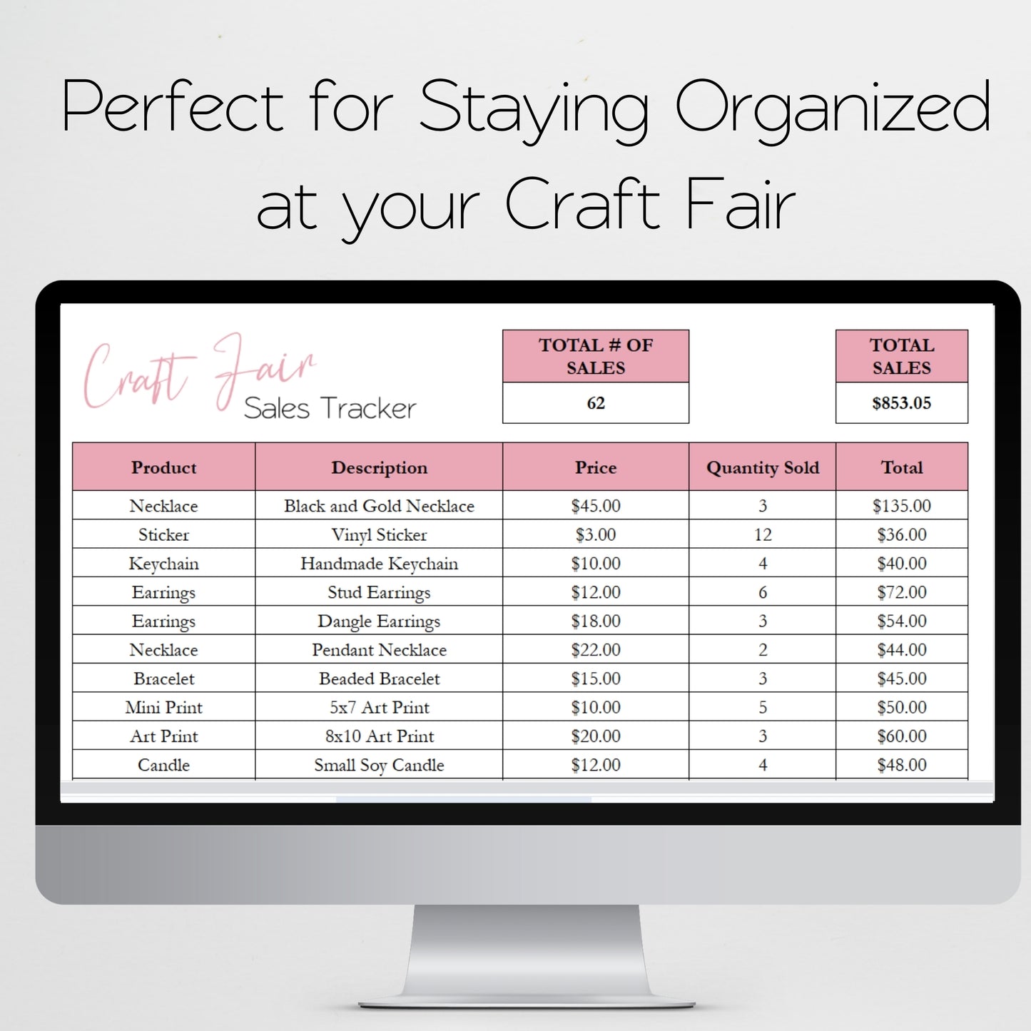 Craft Fair Sales Tracker Template Google Sheets and Excel Spreadsheet