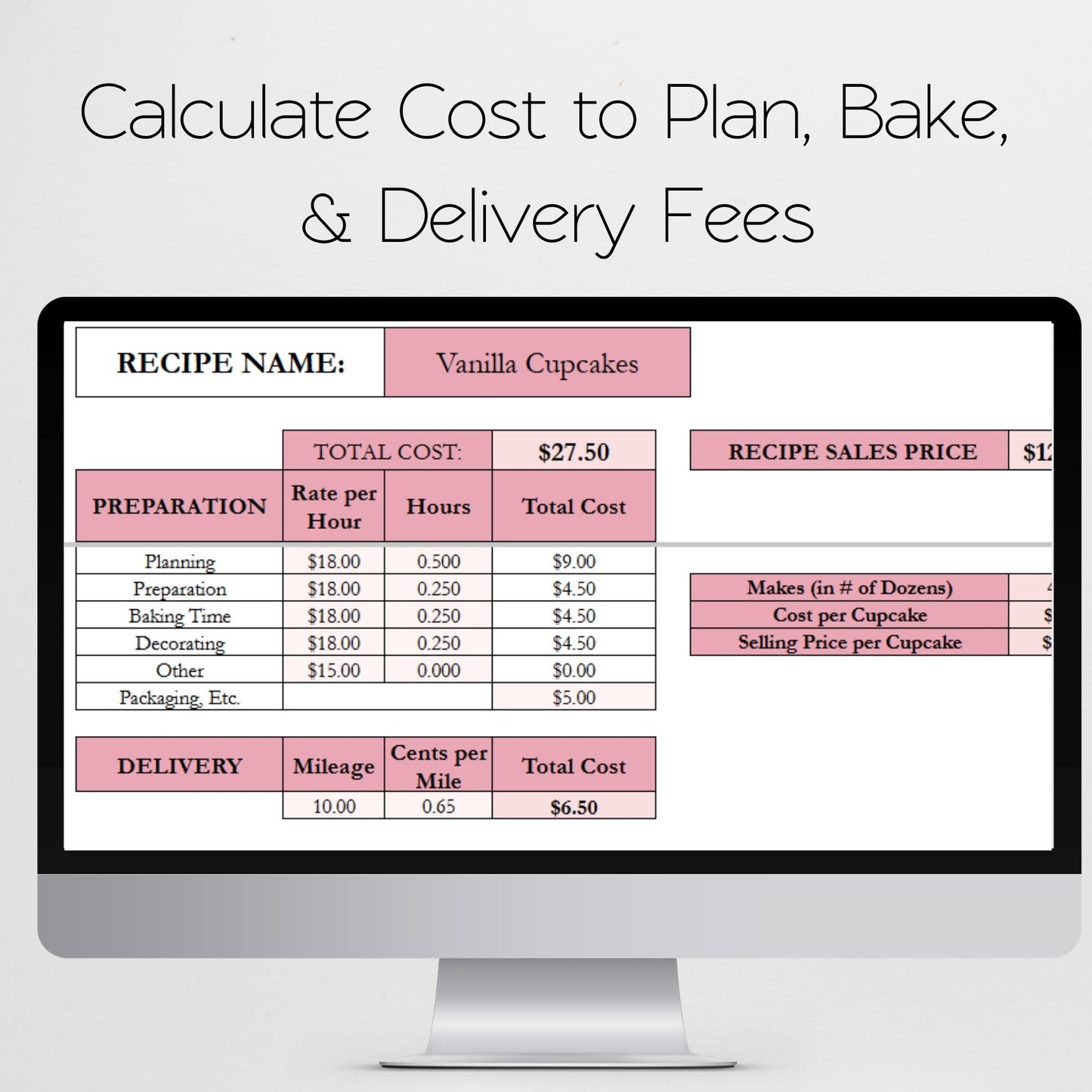 Cupcake Calculator Template Google Sheets and Excel Spreadsheet Template for Cupcake Business Pricing, Cost, and Profit Margin