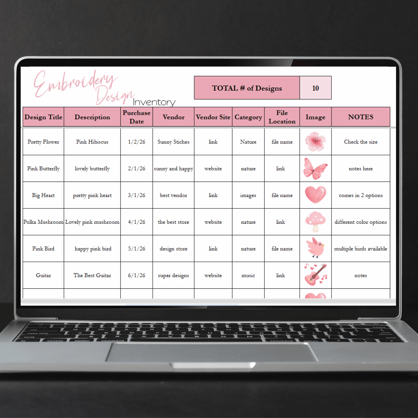 Embroidery Design Inventory Tracker Google Sheets Template and Excel Spreadsheet