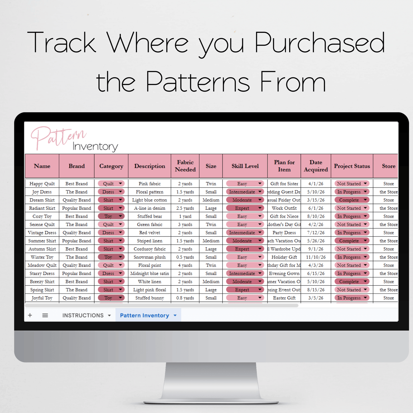 Pattern Inventory Tracker Excel Spreadsheet and Google Sheets to Organize your Patterns