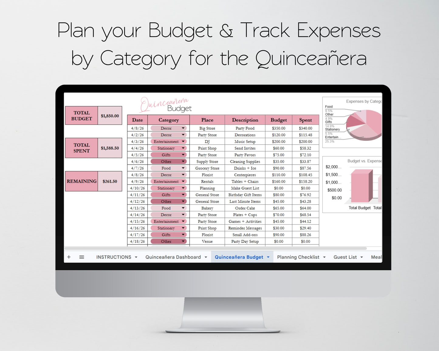 Quinceañera Planner Spreadsheet | Party Planning Template (Google Sheets & Excel) - Budget, Itinerary, Meals, Timeline