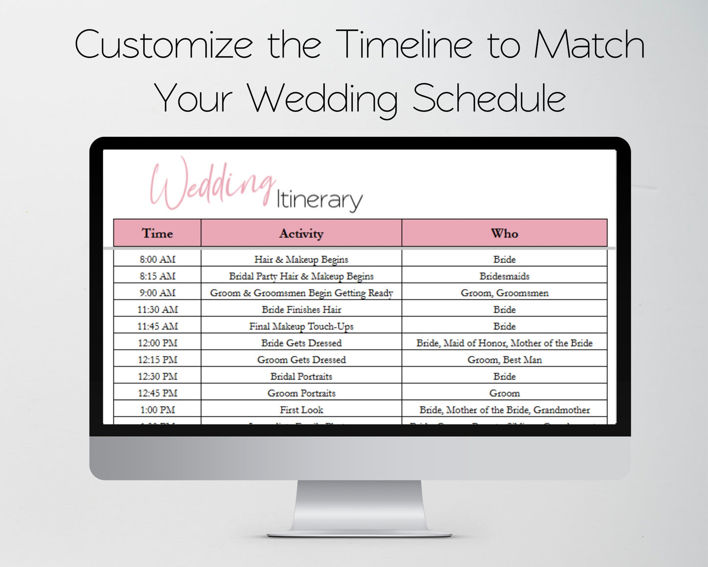Wedding Itinerary Template | Wedding Day Timeline Spreadsheet | Google Sheets & Excel