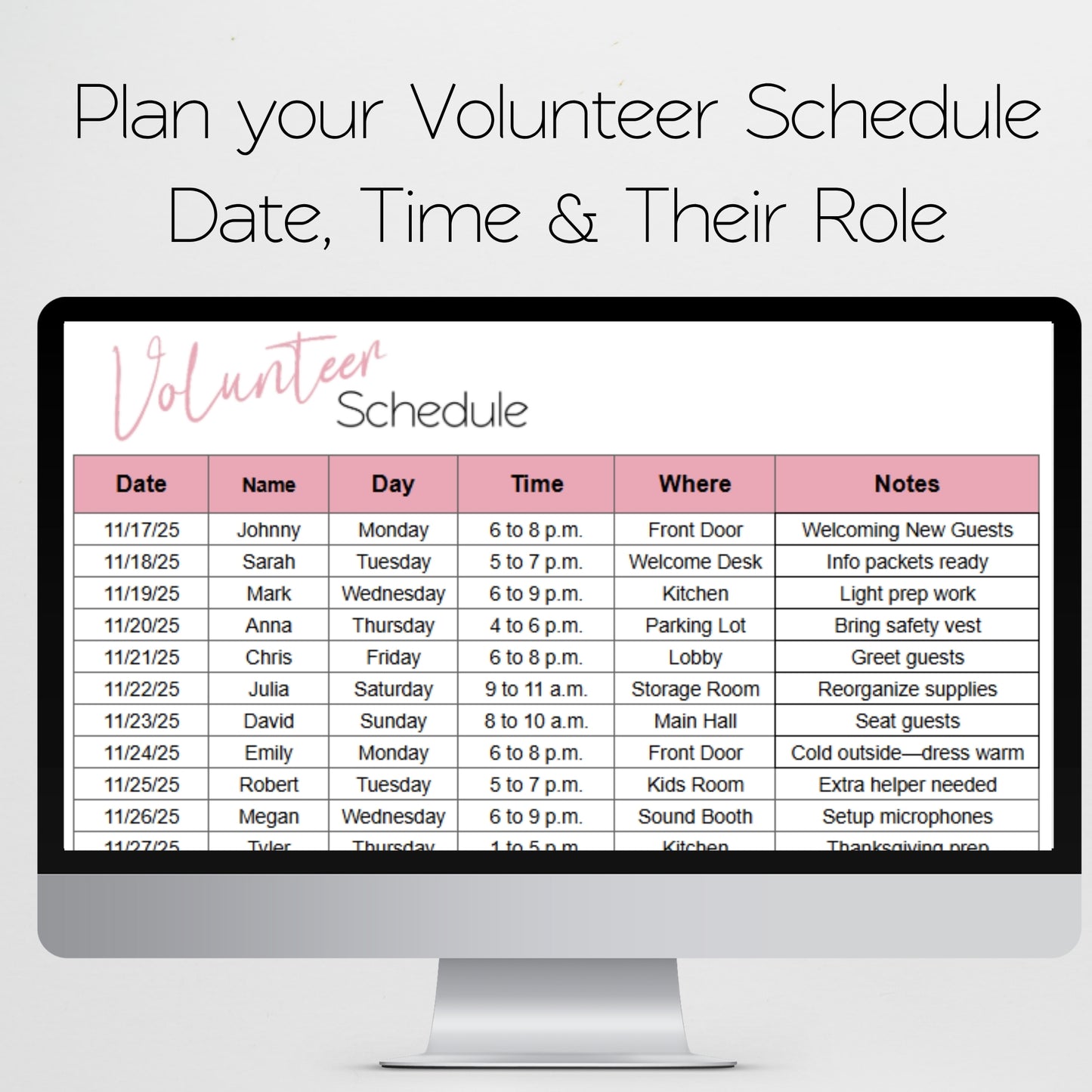 Volunteer Roster Template Google Sheets and Excel Spreadsheet