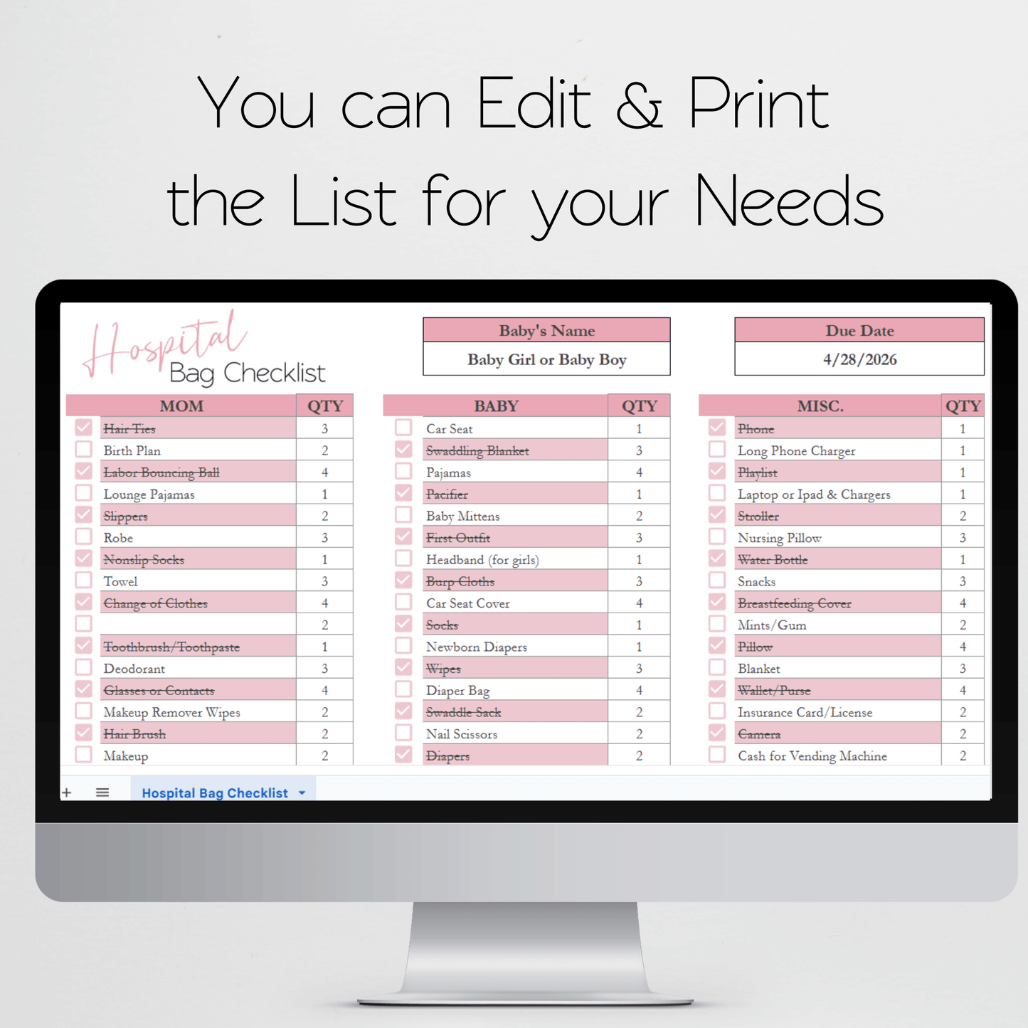 Hospital Bag Checklist Spreadsheet Template Google Sheets and Excel Spreadsheet