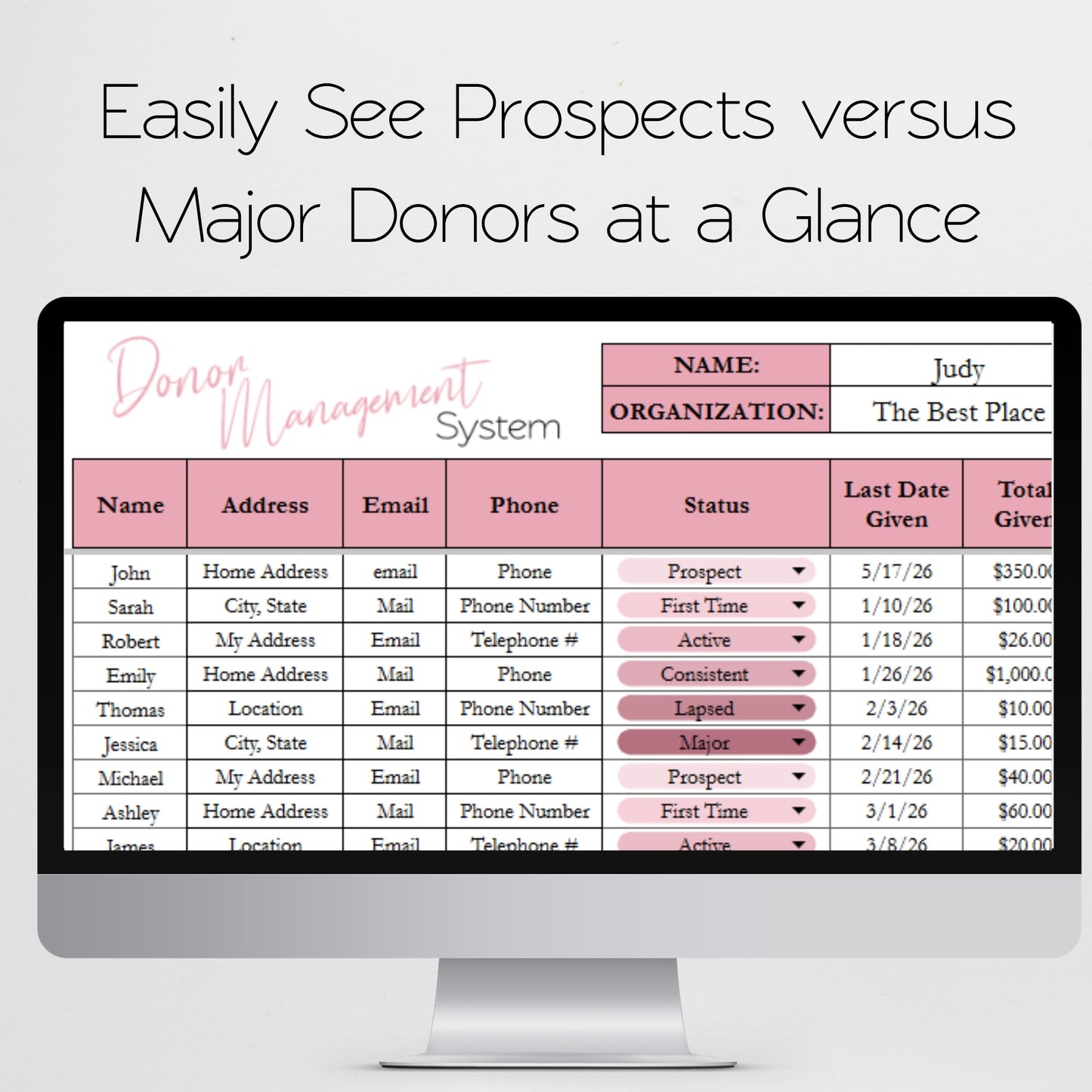 Donor Management Tracker - Stewardship, Engagement CRM & Donation Template for Google Sheets and Excel