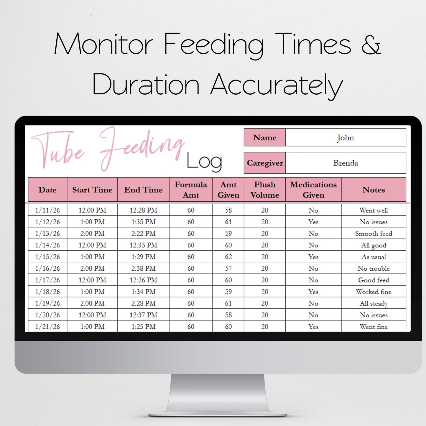 Tube Feeding Log Template Google Sheet and Excel Spreadsheet