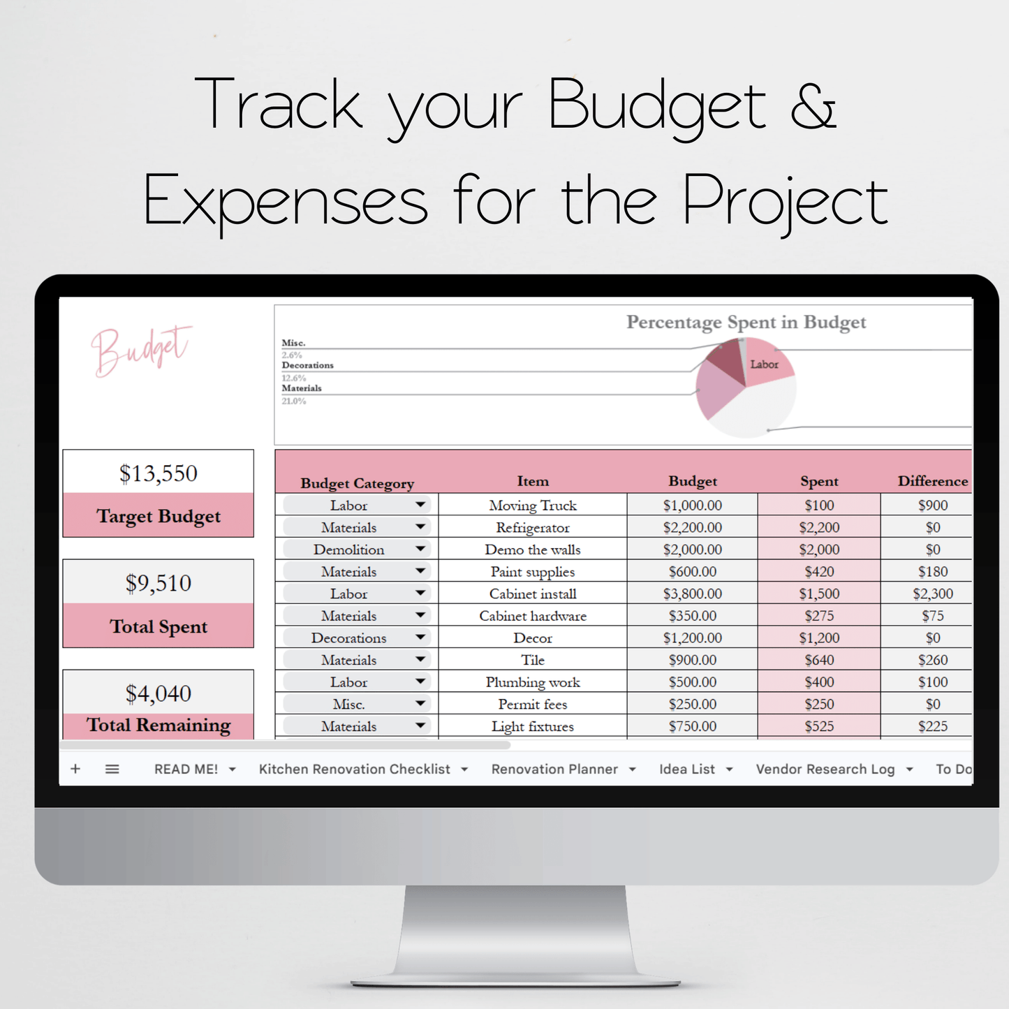 Kitchen Renovation Planner Google Sheets and Excel Spreadsheet