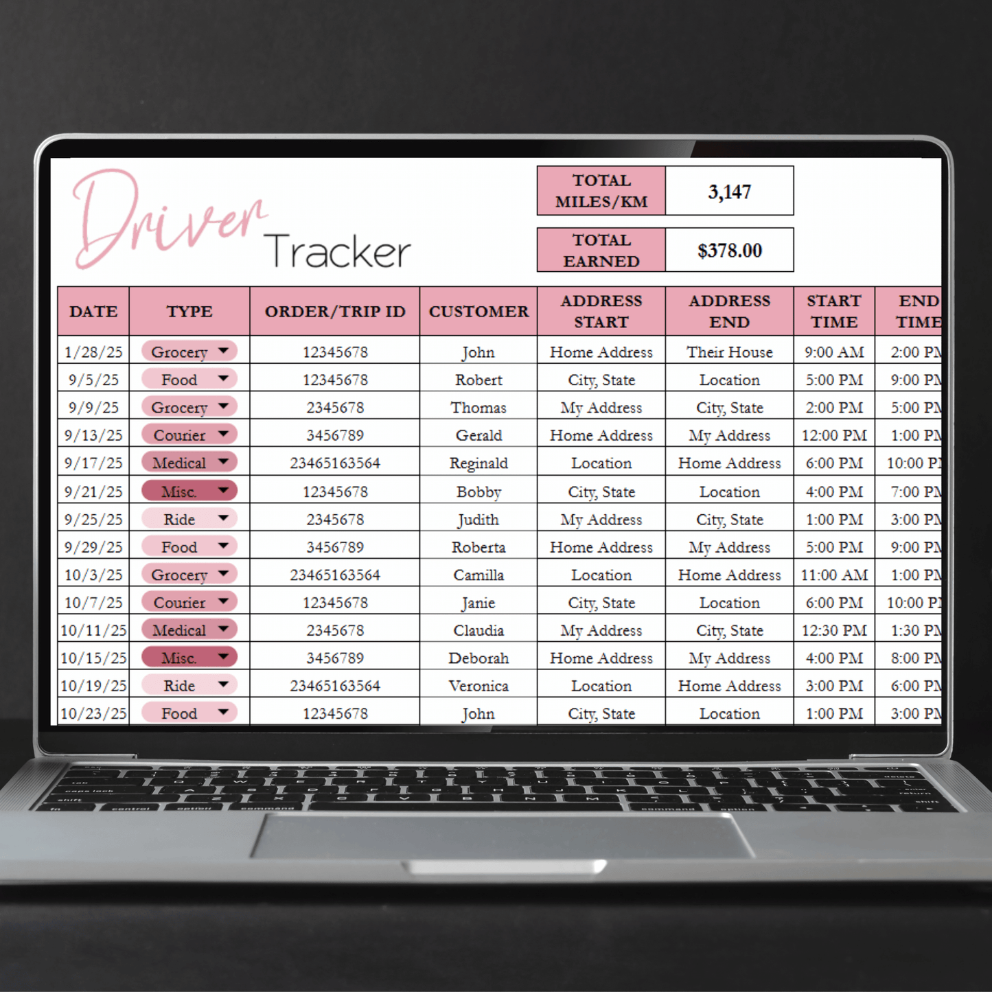 Gig Driver Log Template for Google Sheets and Excel Spreadsheet - Side Hustle Mileage Tracker, Income and Expense Tracker