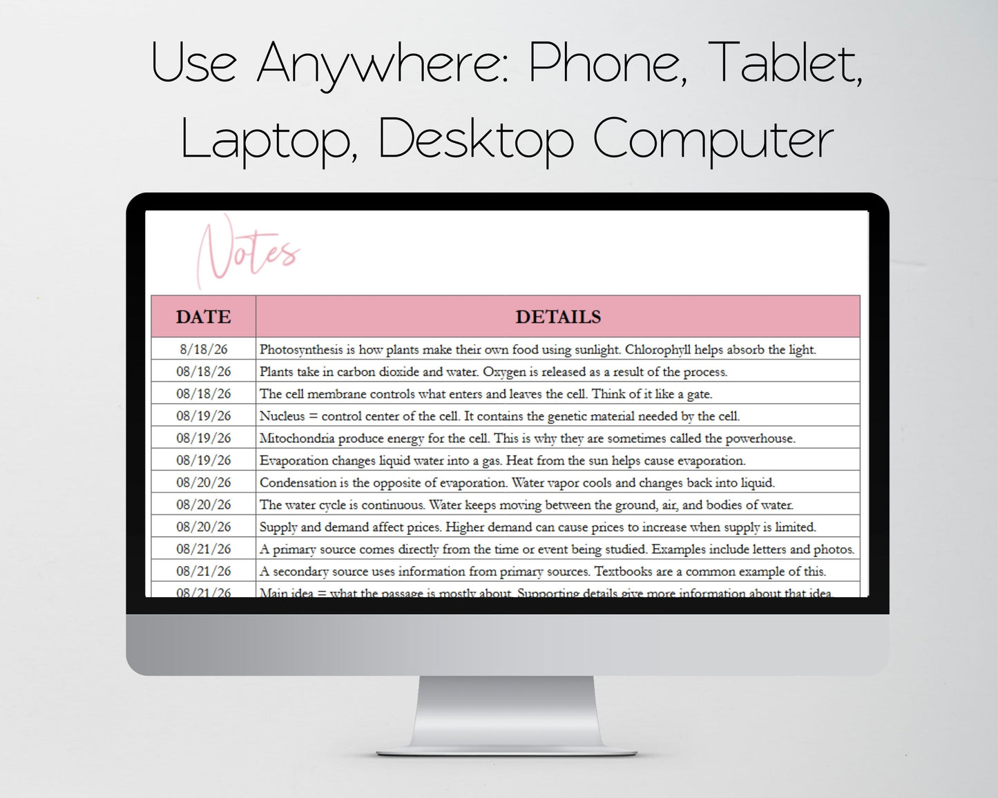 Note Taking Template – Google Sheets and Excel Spreadsheet –  Digital Journal for College Students & Meetings – Editable, Printable