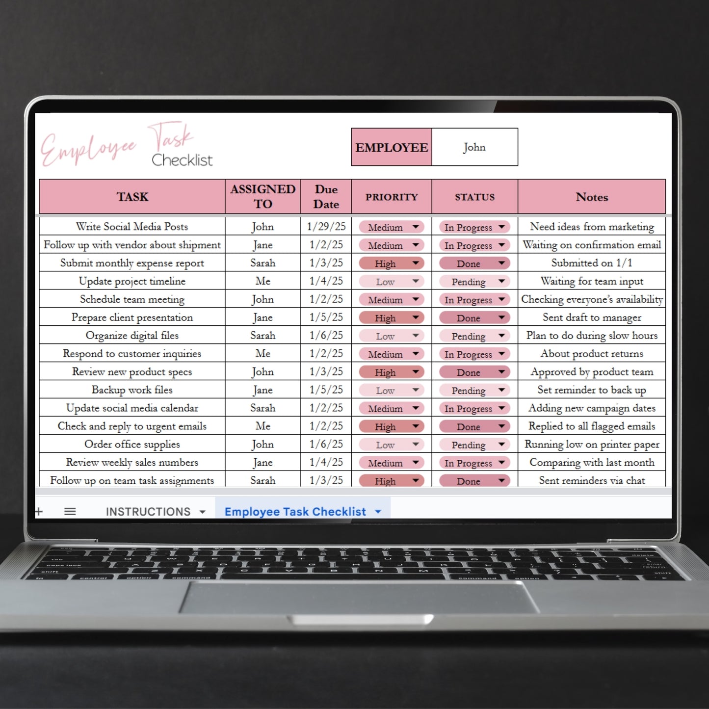 Employee Task Checklist Template for Google Sheets and Excel Spreadsheet: Task Tracker