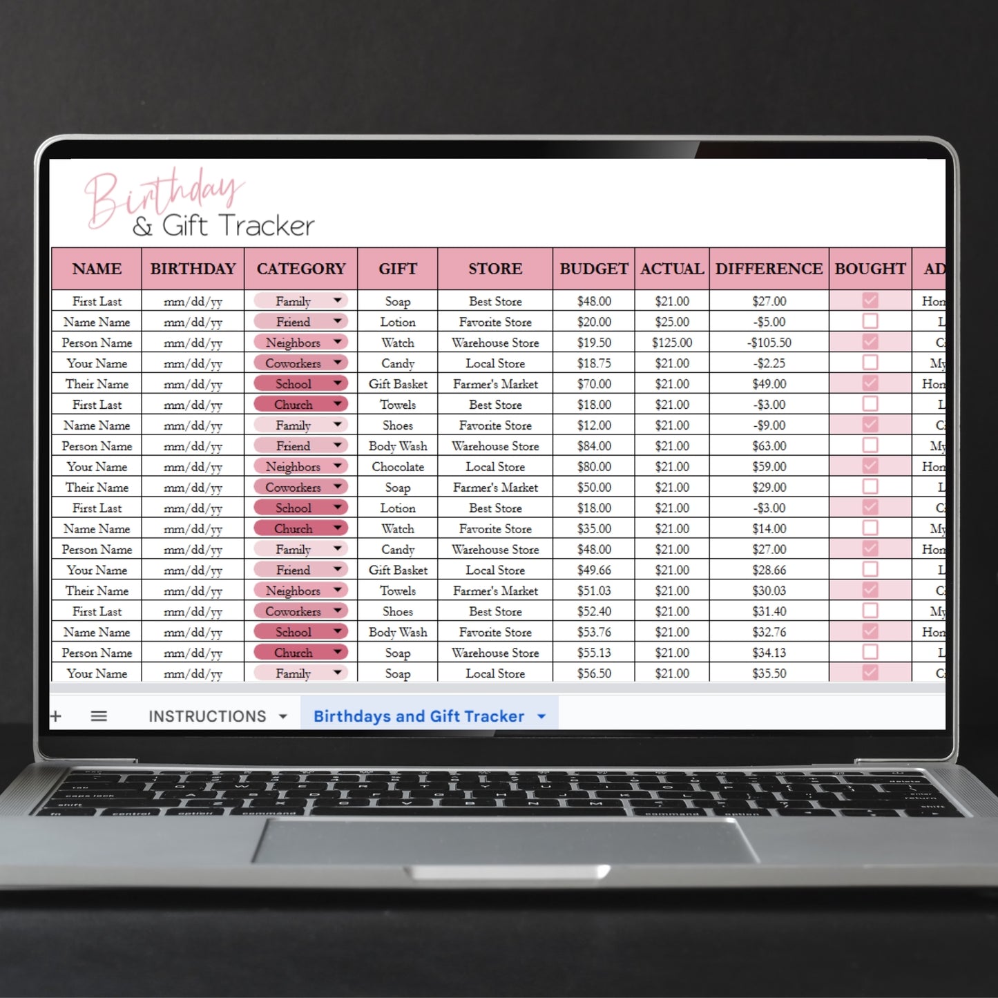 Birthday Tracker and Gift Tracker Google Sheet and Excel Spreadsheet