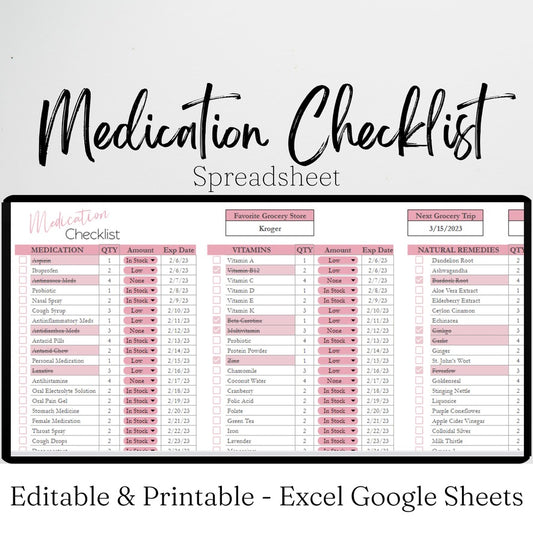 Medication Checklist Google Sheet and Excel Spreadsheets