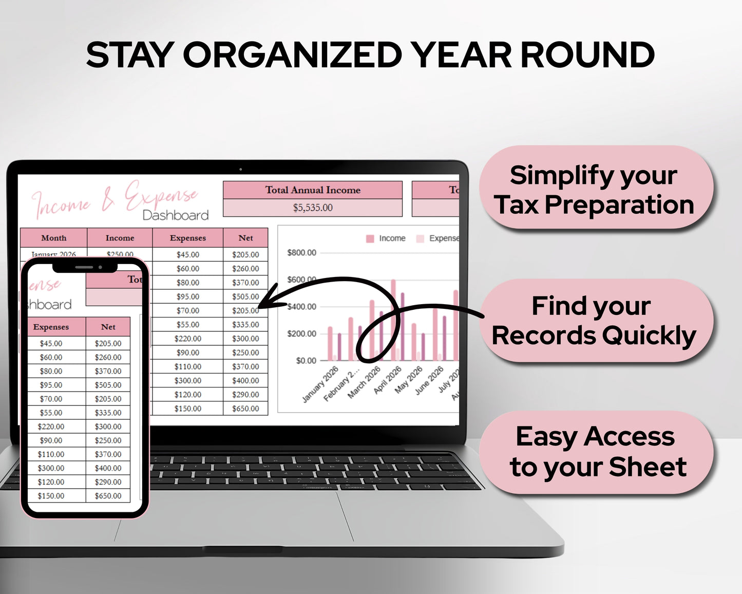Income & Expense Tracker Spreadsheet Template - Google Sheets and Excel Bookkeeping Template | Monthly & Annual Financial Dashboard