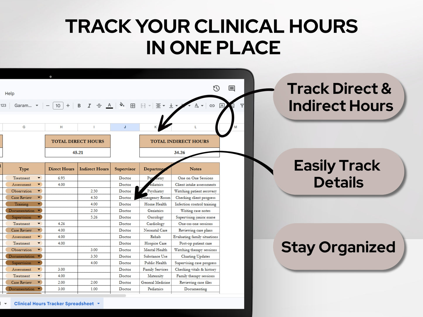 Clinical Hours Tracking Sheet: (Google Sheets & Excel Template) - A Simple Spreadsheet, Stay Organized While in School