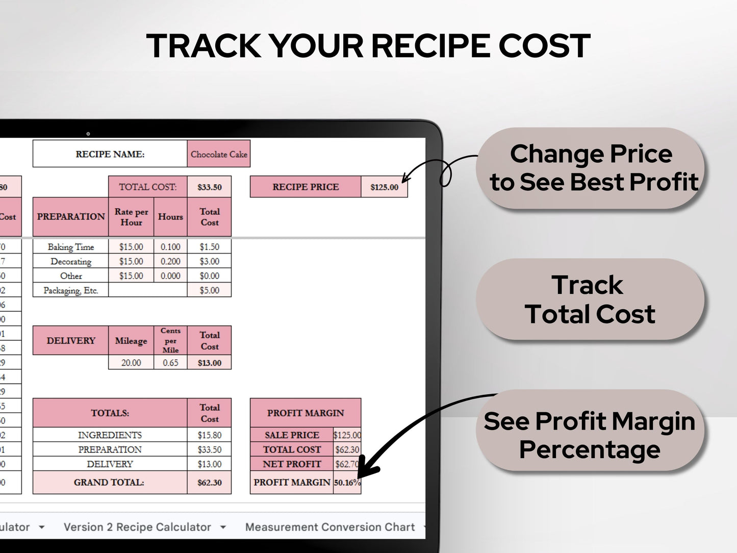 Recipe Cost Calculator Spreadsheet | Product Pricing & Profit Margin Template for Home Bakery Businesses | Google Sheets & Excel Spreadsheet Template