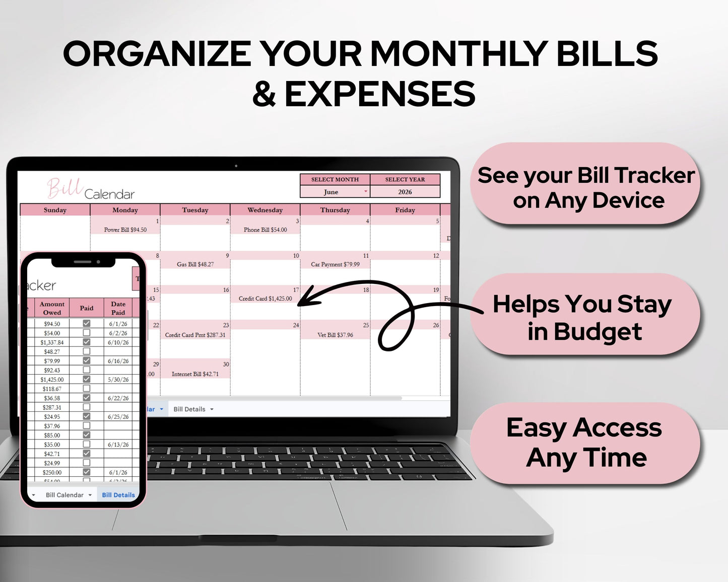 Monthly Bill Calendar Spreadsheet | Google Sheets & Excel Bill Tracker Template with Dynamic Calendar