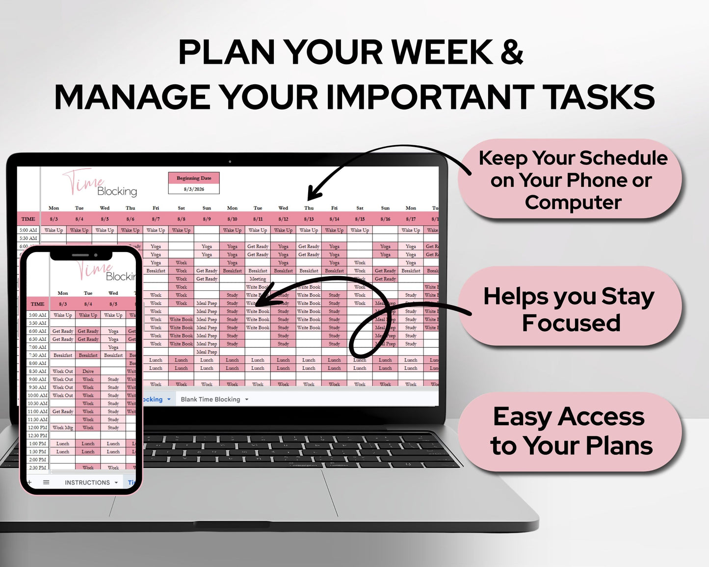 Time Blocking Spreadsheet Template | Google Sheets & Excel Daily Schedule Planner for Time Management