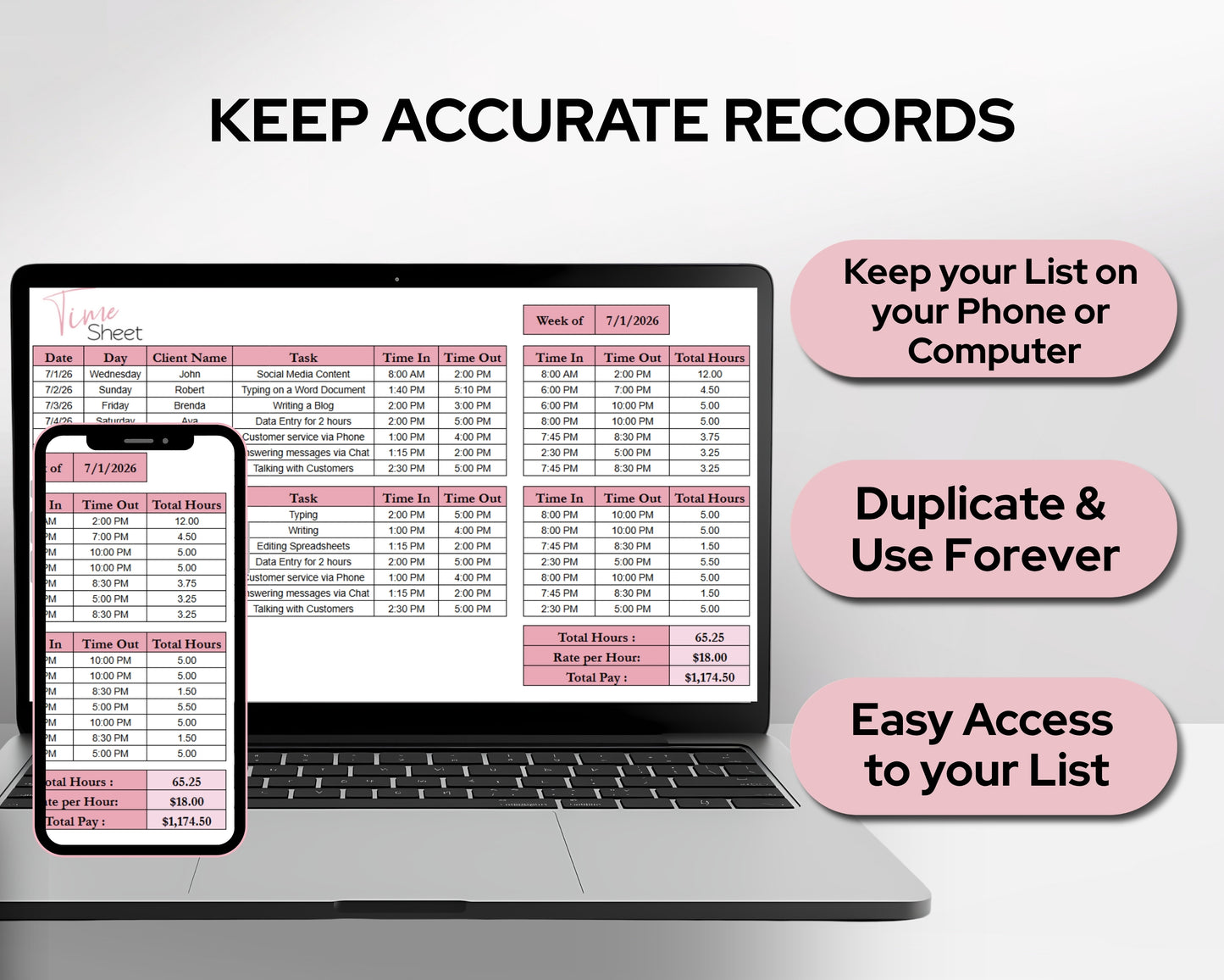 Timesheet Calculator Spreadsheet Template Google Sheets and Excel | Employee Hours Tracker | Pay Calculator