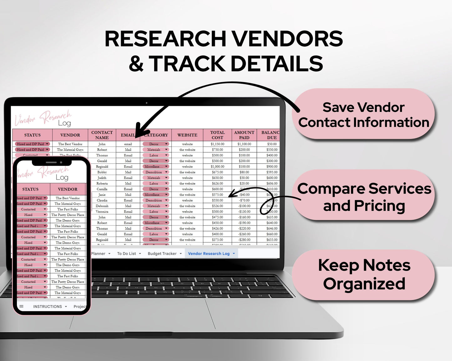 Project Tracker Template Spreadsheet | Project Management Planner for Tasks, Budget, Timeline & Vendor Tracking
