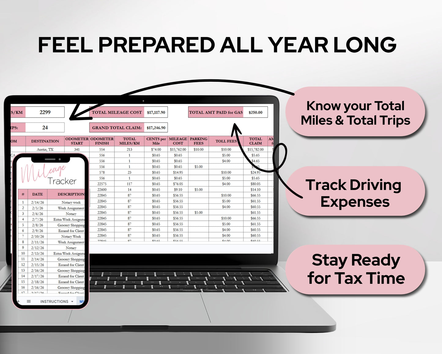 Mileage Tracker Spreadsheet for Google Sheets & Excel | Business Mileage Log & Mileage Calculator | Trip & Reimbursement Tracker