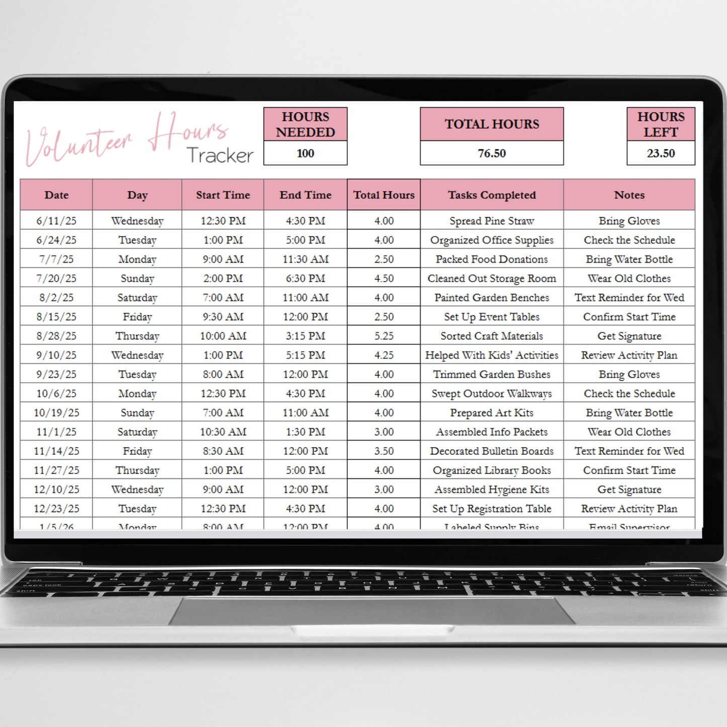 Volunteer Hours Log Template Google Sheets and Excel Spreadsheet