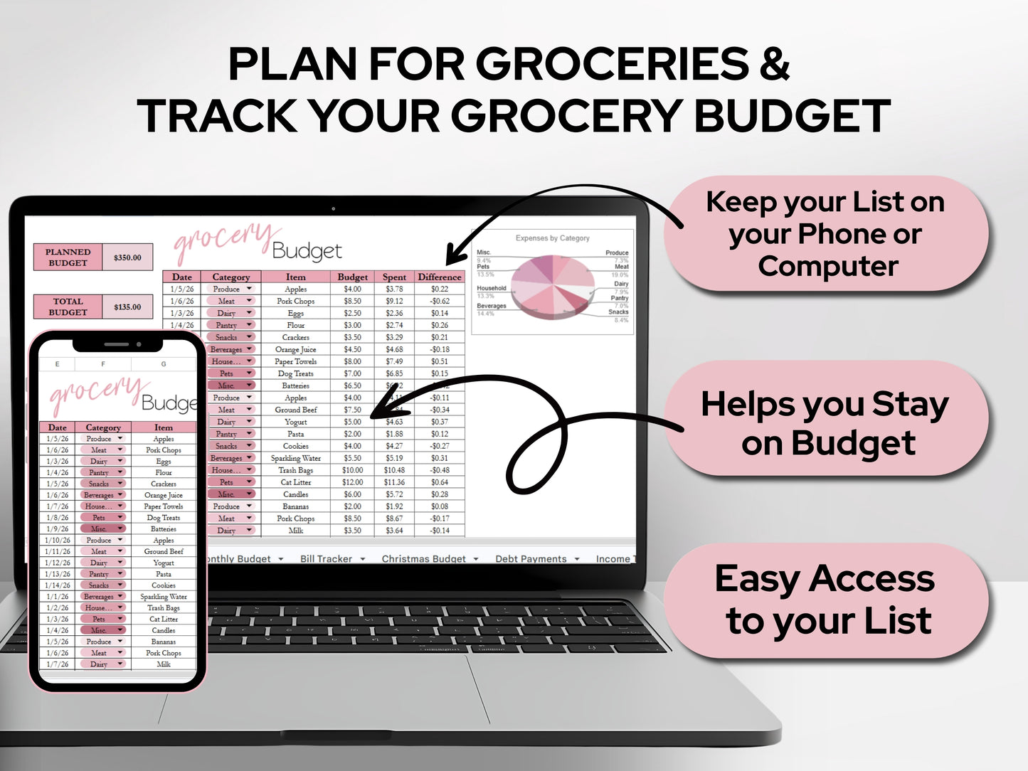 Budget Template Google Sheets & Excel – Spreadsheet Bundle for Weekly & Monthly Budgeting, Track Bills, Expenses, Savings & Debt in One Simple Sheet