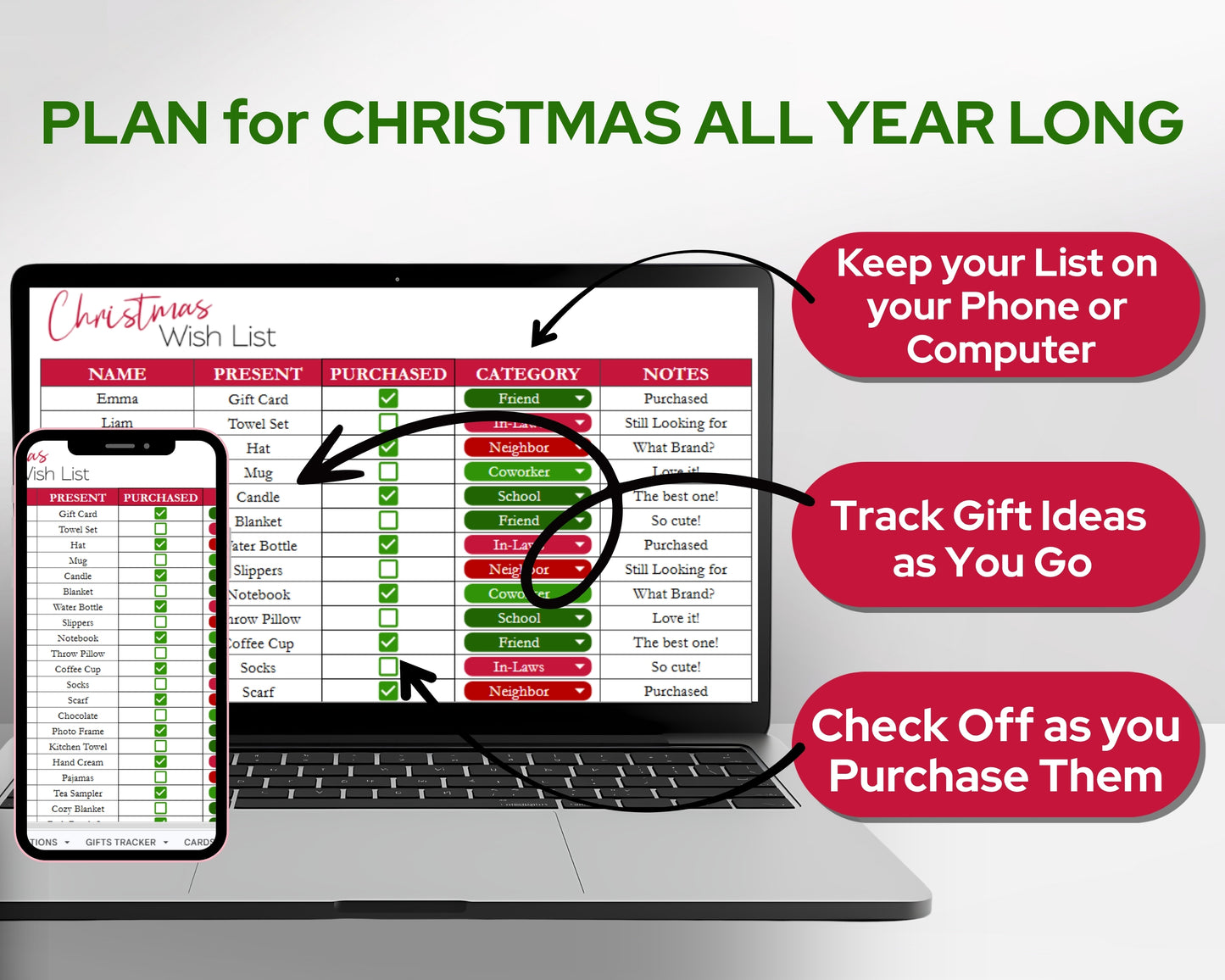 Christmas Gift Tracker Google Sheets and Excel Spreadsheet Template | Holiday Budget Planner | Christmas Shopping List & Wish List