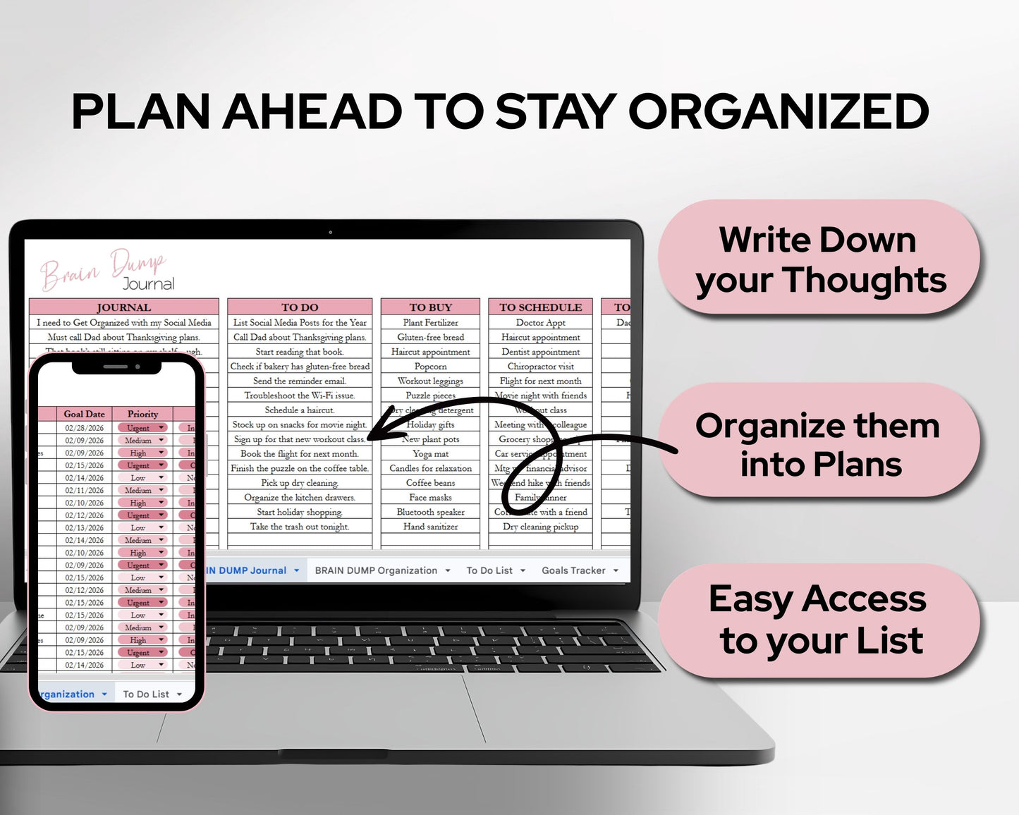 Brain Dump Planner Spreadsheet | Productivity Organizer, Task Tracker & Goal Planning Template