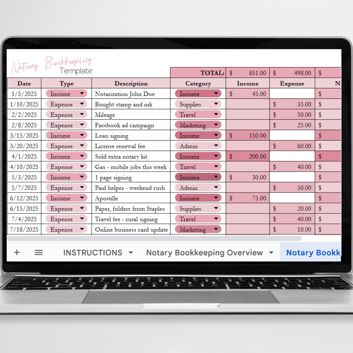 Notary Bookkeeping Template Google Sheets and Excel Spreadsheet