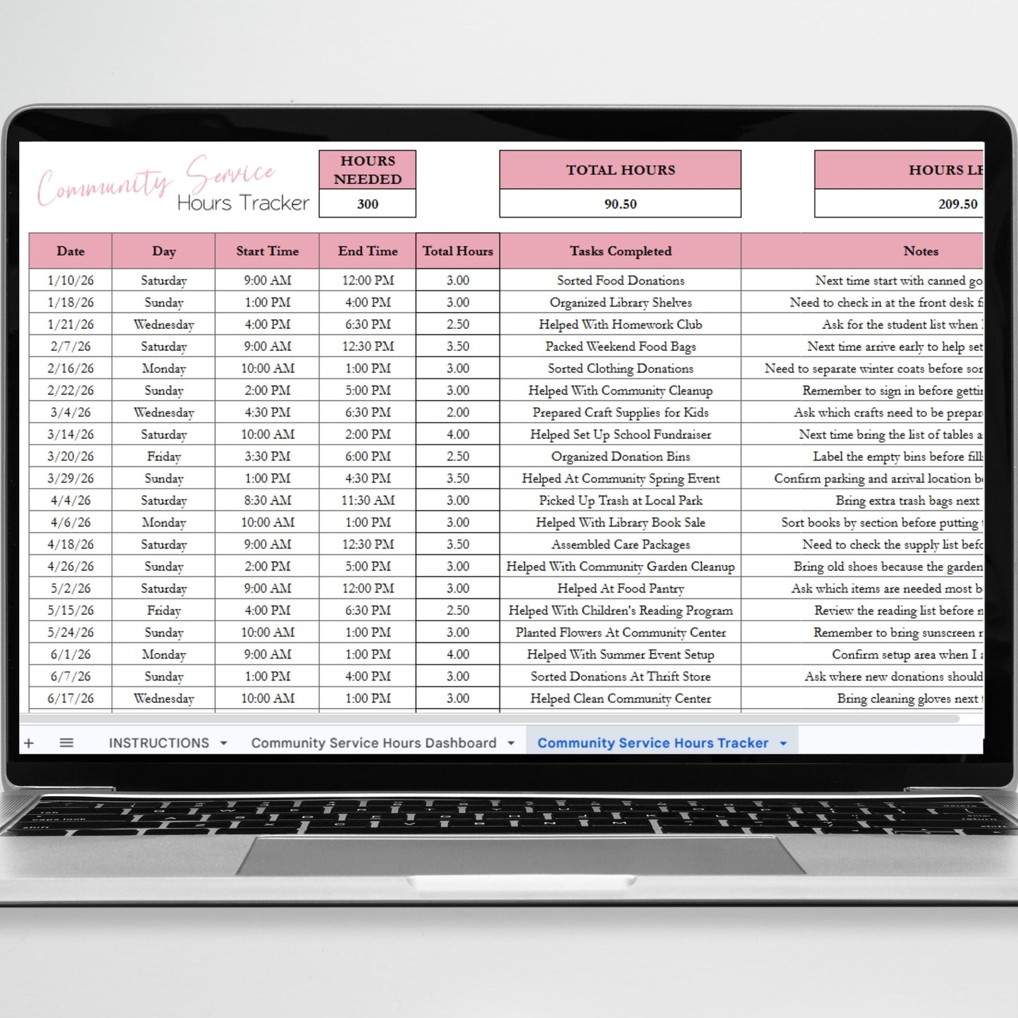 Community Service Hours Log Spreadsheet | Student Service Record & Graduation Requirement Tracker | Google Sheets & Excel