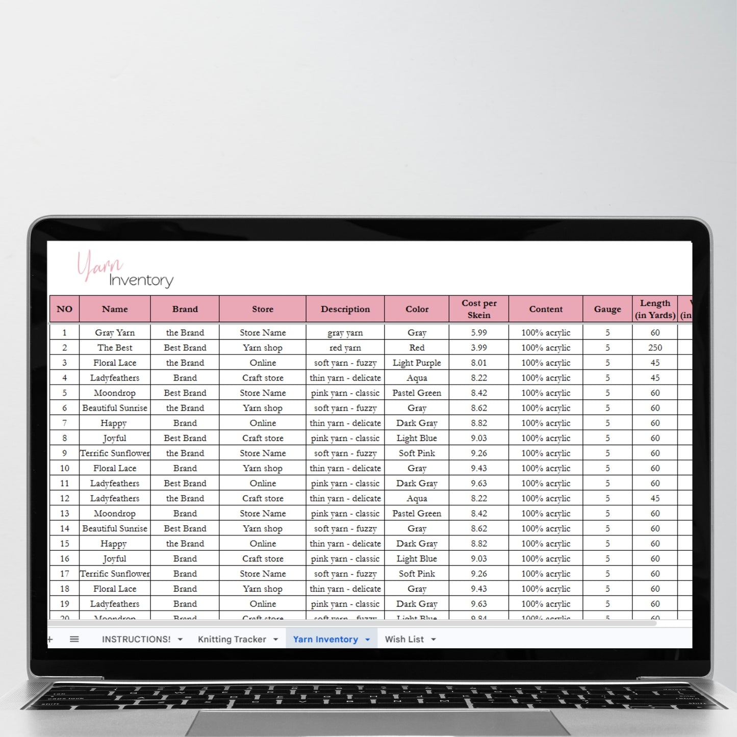Knitting Planner Google Sheet and Excel Spreadsheets