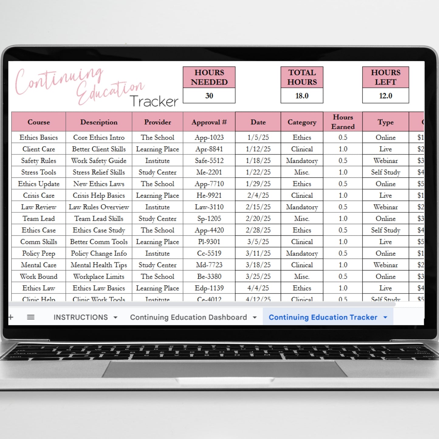 Continuing Education Tracker Template Excel Spreadsheet and Google Sheets
