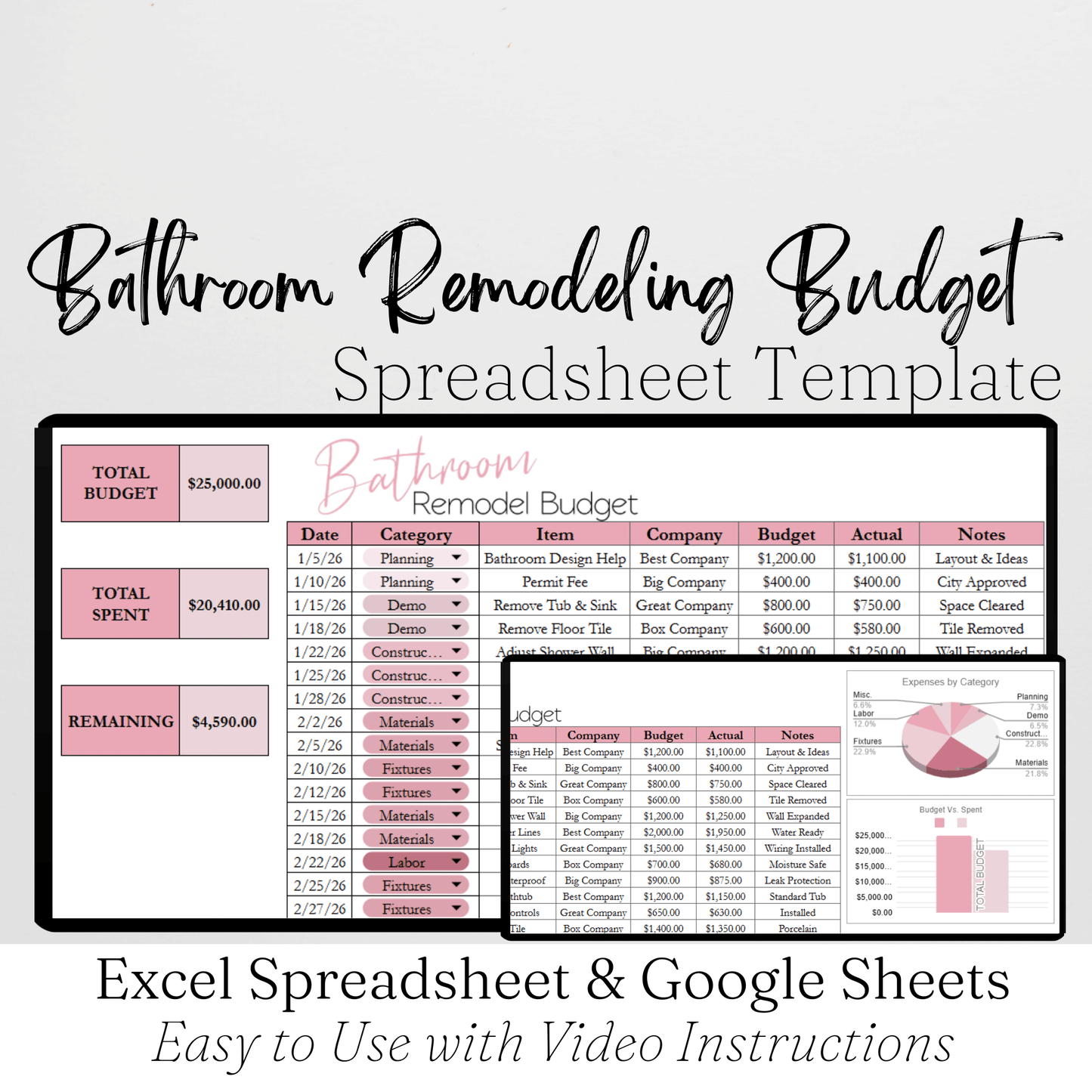 Bathroom Remodel Budget Spreadsheet Template Google Sheets and Excel Spreadsheet