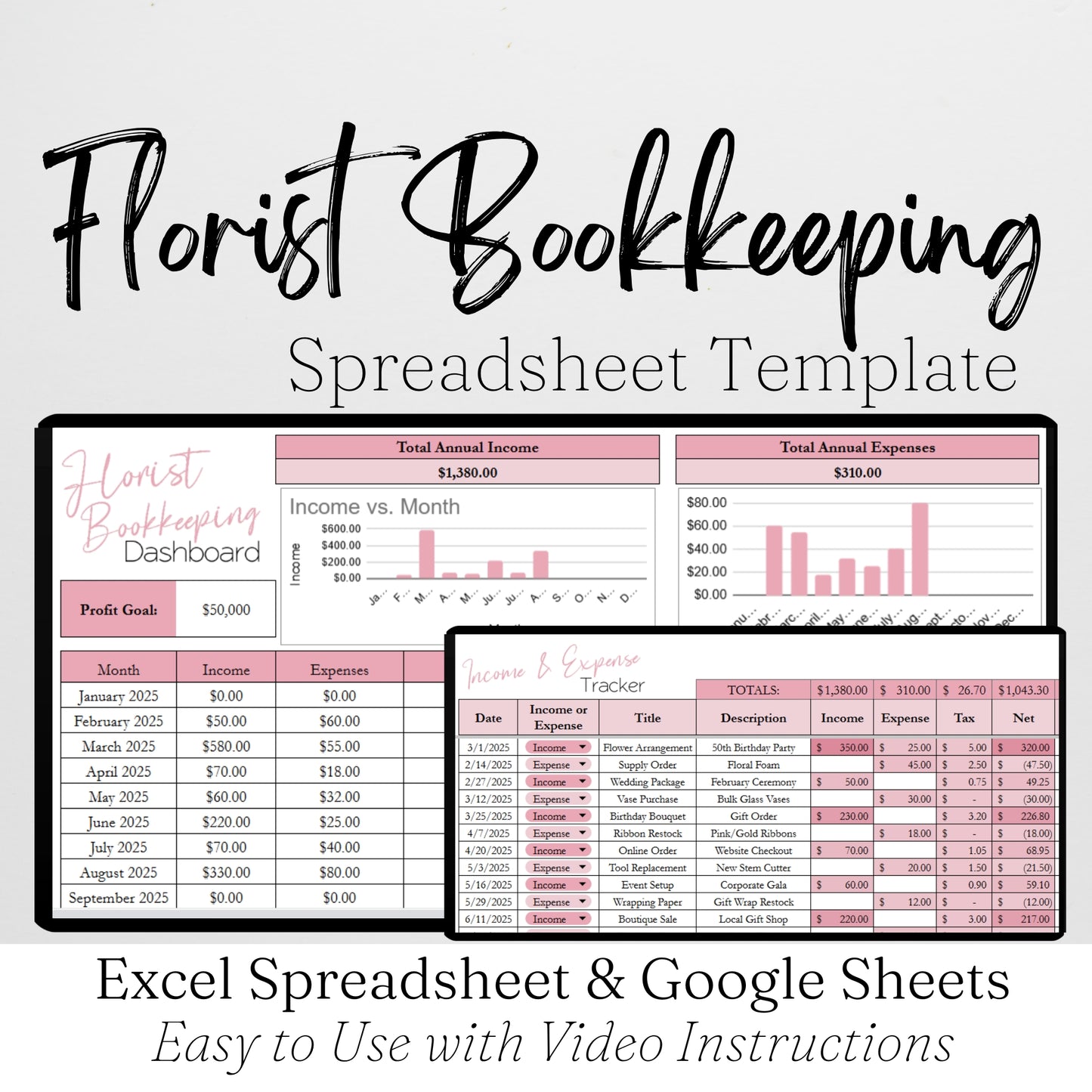 Florist Bookkeeping Template Google Sheets and Excel Spreadsheet - Income and Expense Tracker for Floral Business