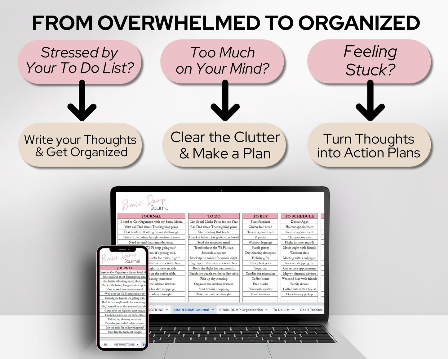 Brain Dump Planner Spreadsheet | Productivity Organizer, Task Tracker & Goal Planning Template