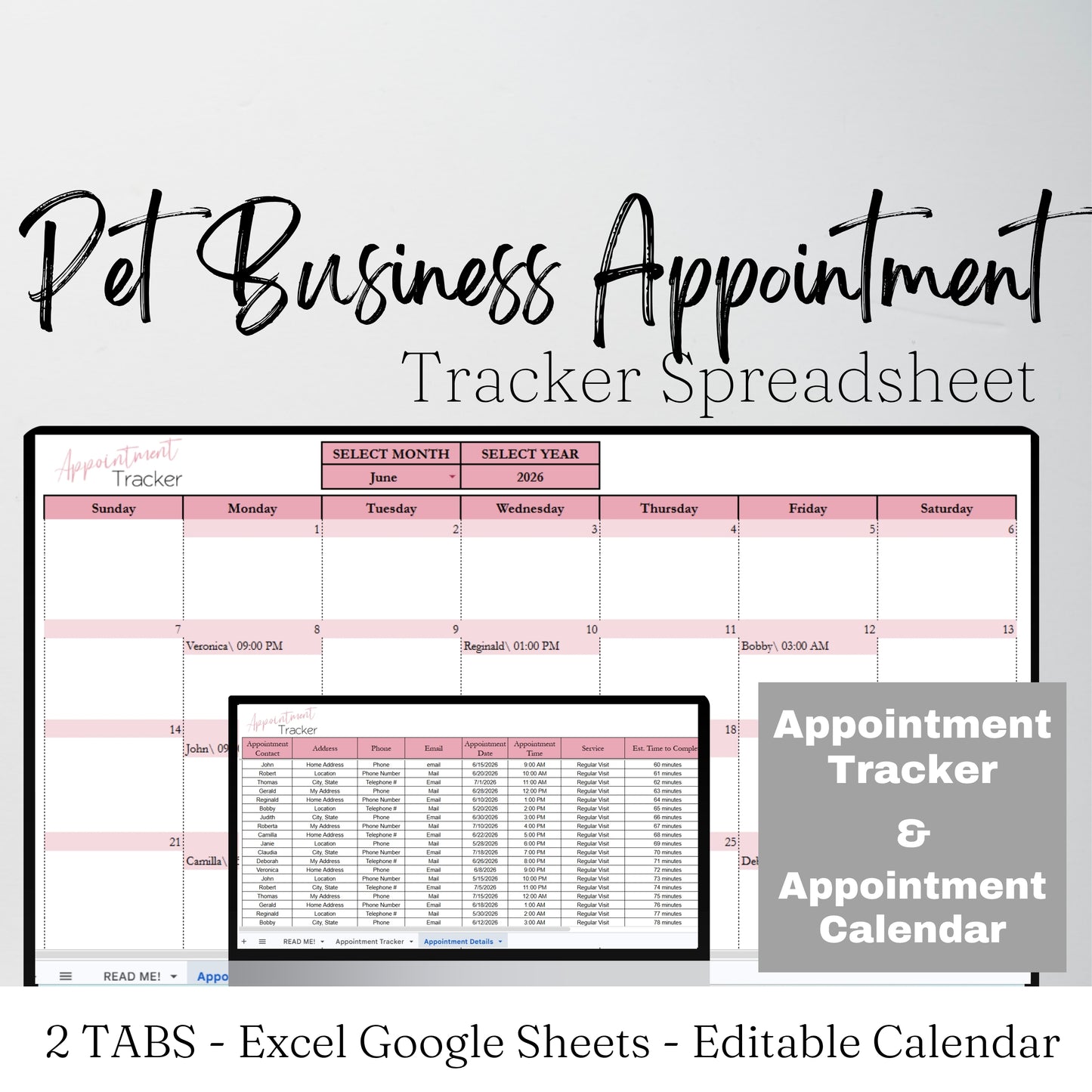 Pet Business Appointment Tracker Google Sheet and Excel Spreadsheet