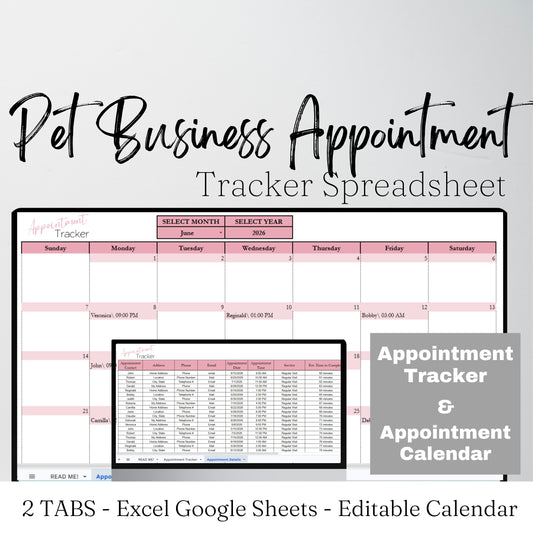 Pet Business Appointment Tracker Google Sheet and Excel Spreadsheet
