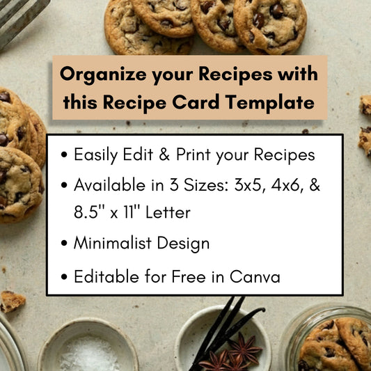 Recipe Card Template - Editable Canva, Digital Download, Minimalist - Comes in 3 Sizes 3 x 5, 4 x 6, Letter