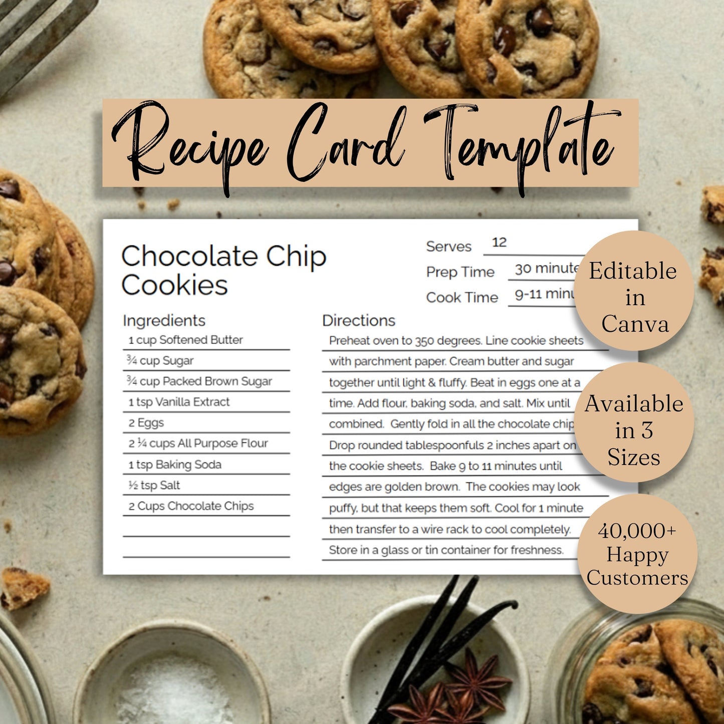 Recipe Card Template - Editable Canva, Digital Download, Minimalist - Comes in 3 Sizes 3 x 5, 4 x 6, Letter