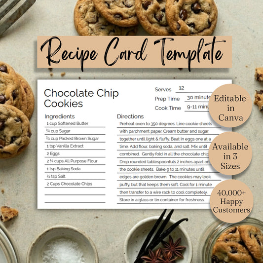Recipe Card Template - Editable Canva, Digital Download, Minimalist - Comes in 3 Sizes 3 x 5, 4 x 6, Letter