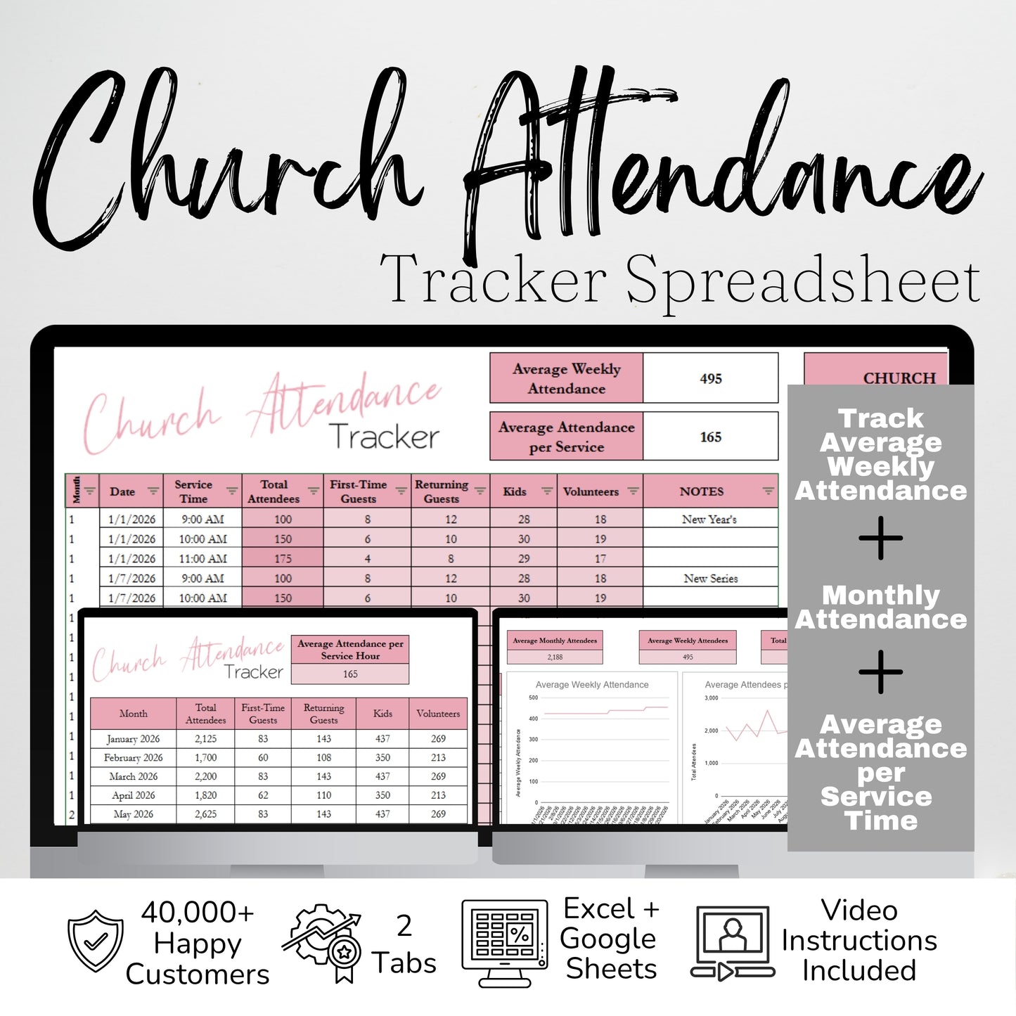 Church Attendance Tracker - Sunday Service, Regular Attendees, Visitors, Kids, Monthly & Annual Charts - Google Sheets and Excel Spreadsheet Template