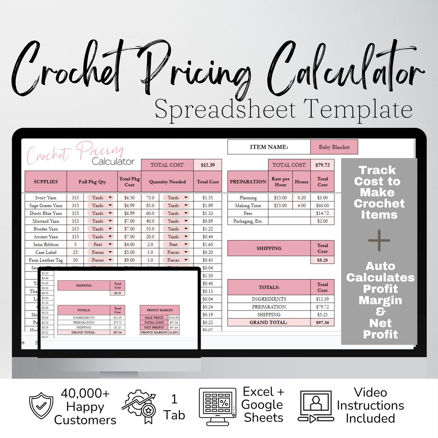 Crochet Pricing Calculator Google Sheets and Excel Spreadsheet Template | Handmade Product Cost & Profit Spreadsheet