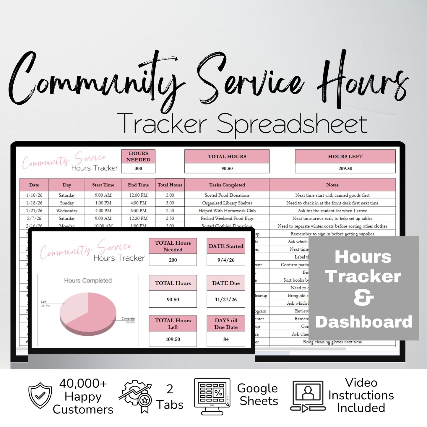 Community Service Hours Log Spreadsheet | Student Service Record & Graduation Requirement Tracker | Google Sheets & Excel