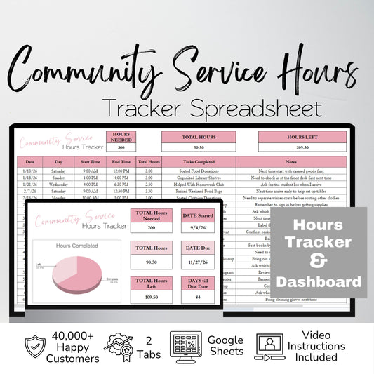 Community Service Hours Log Spreadsheet | Student Service Record & Graduation Requirement Tracker | Google Sheets & Excel