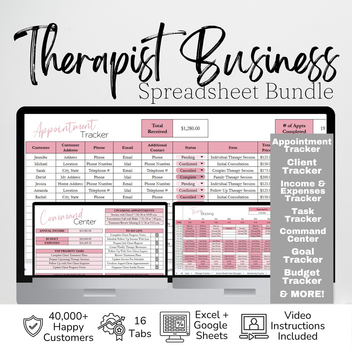 Therapist Business Planner Spreadsheet Bundle | Client Tracker, Bookkeeping & Practice Management Templates | Google Sheets & Excel