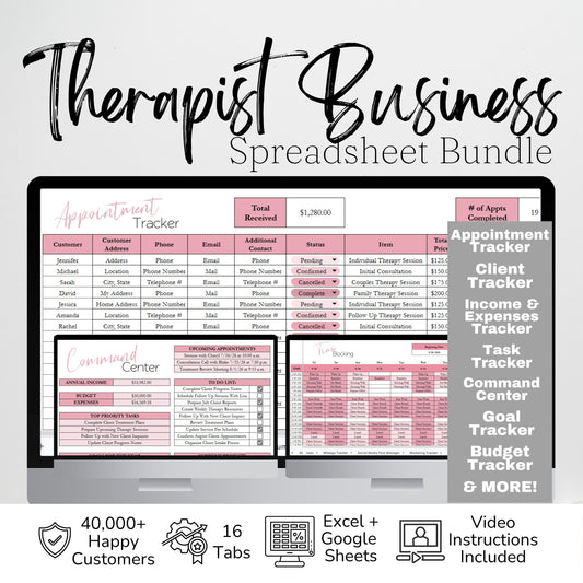 Therapist Business Planner Spreadsheet Bundle | Client Tracker, Bookkeeping & Practice Management Templates | Google Sheets & Excel
