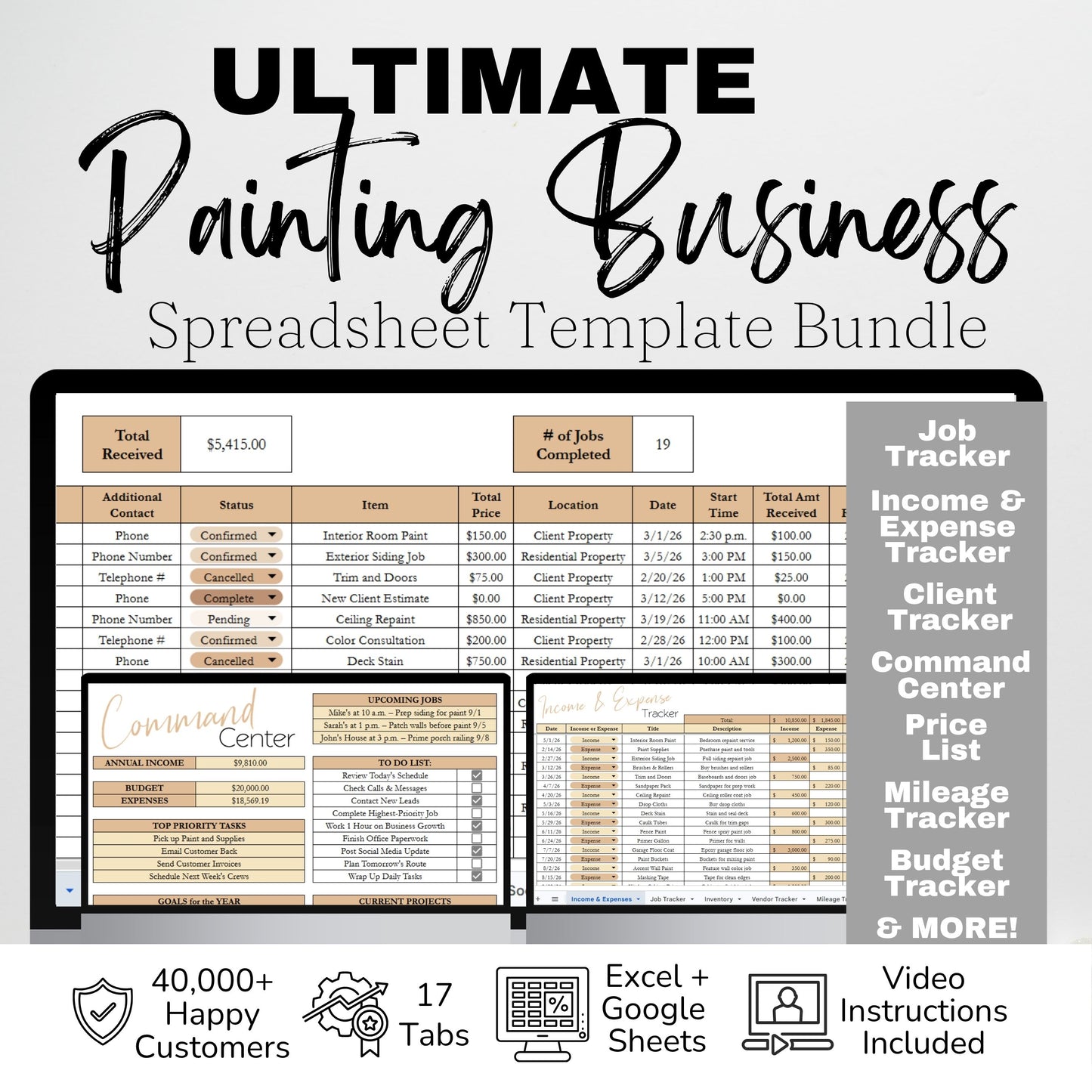Painting Business Template Google Sheets & Excel Spreadsheet for Painters, Contractors & Handyman