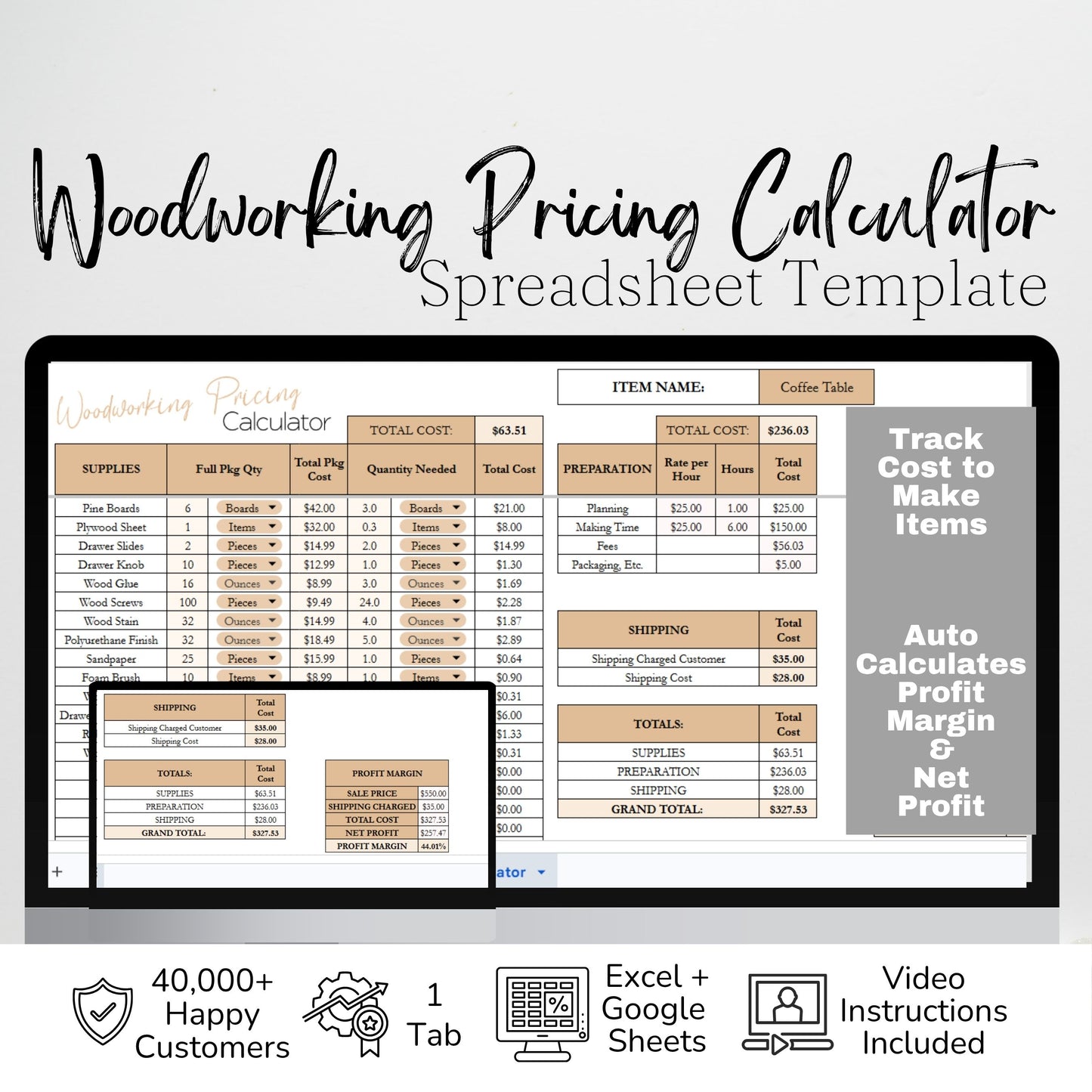 Woodworking Pricing Calculator Spreadsheet | Track Costs, Labor & Profit Margins | Google Sheets & Excel